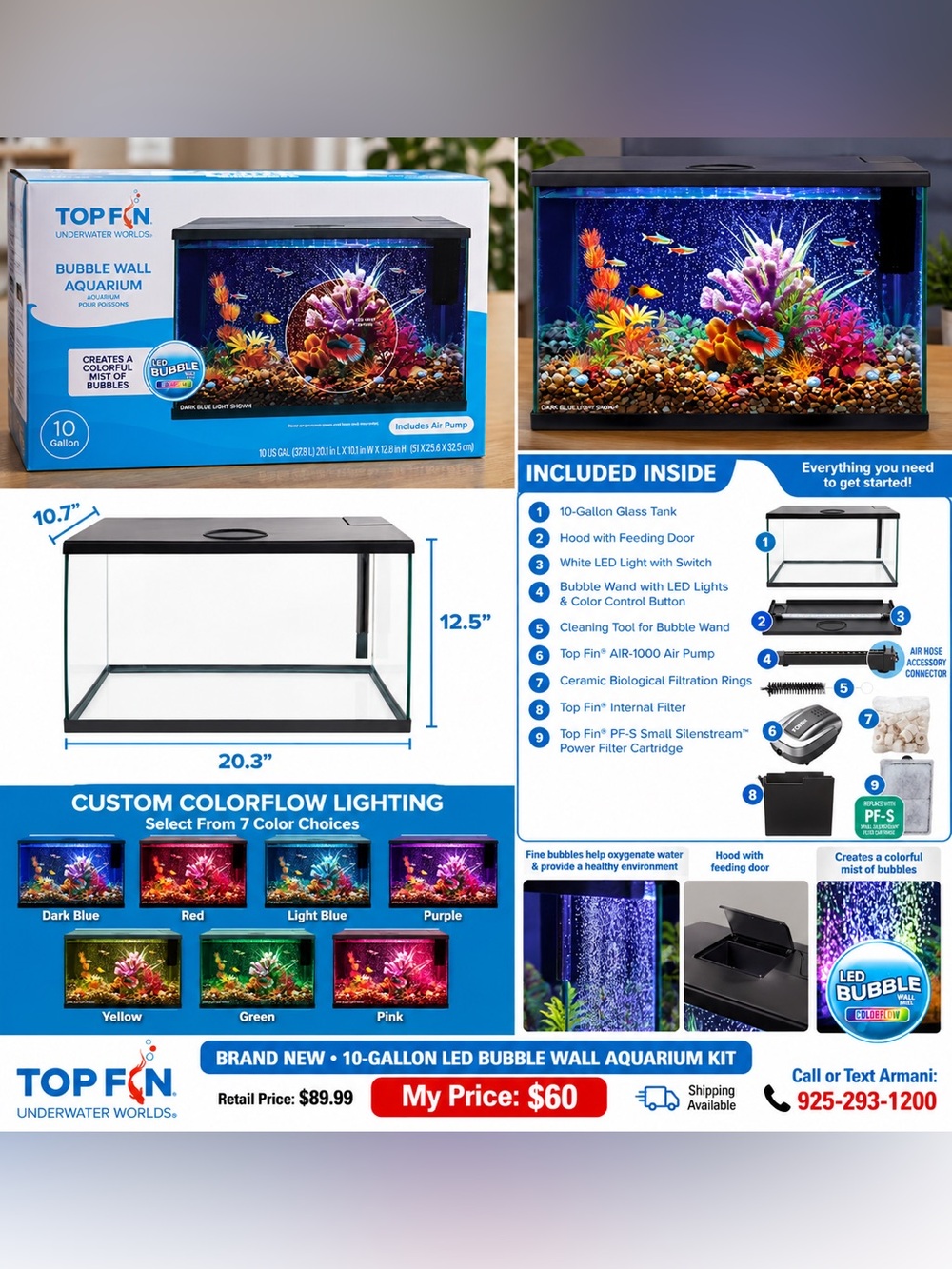 Brand New Top Fin 10-Gallon LED Bubble Wall Aquarium Kit – $60